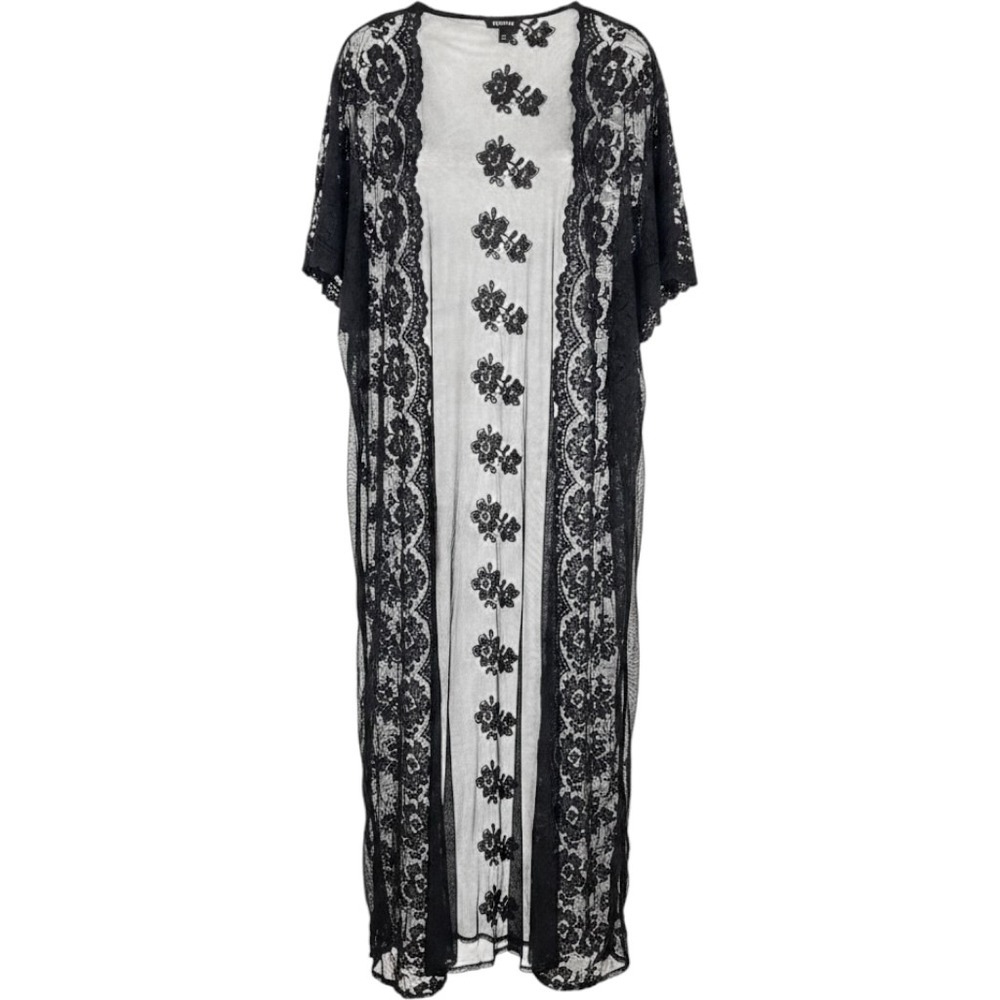 Torrid Black Mesh Floral Embroidered Duster Kimono Lace Trim Plus Size 4 Romanti